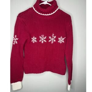 Vintage Red Turtleneck Snowflake Knit Sweater Cozy Winter Holiday Pullover Large